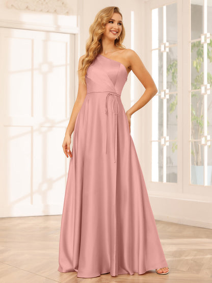 A-Line/Princess One-Shoulder Long Bridesmaid Dresses with Split Side & Sash