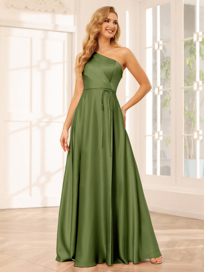 A-Line/Princess One-Shoulder Long Bridesmaid Dresses with Split Side & Sash