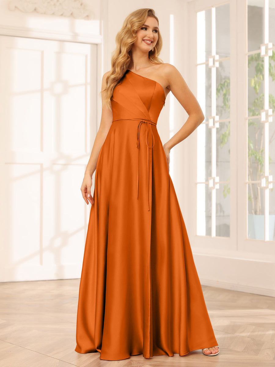 A-Line/Princess One-Shoulder Long Bridesmaid Dresses with Split Side & Sash