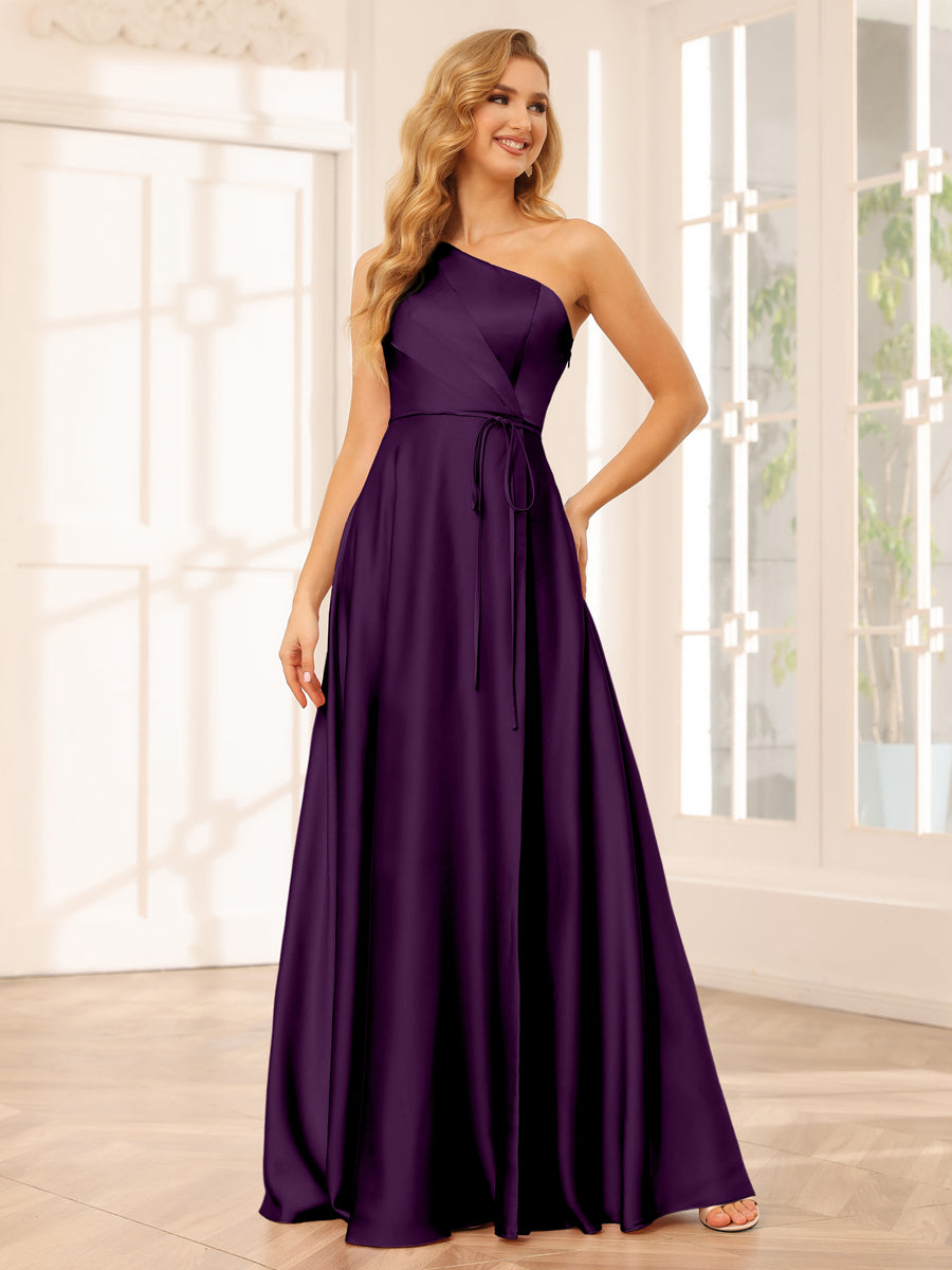 A-Line/Princess One-Shoulder Long Bridesmaid Dresses with Split Side & Sash