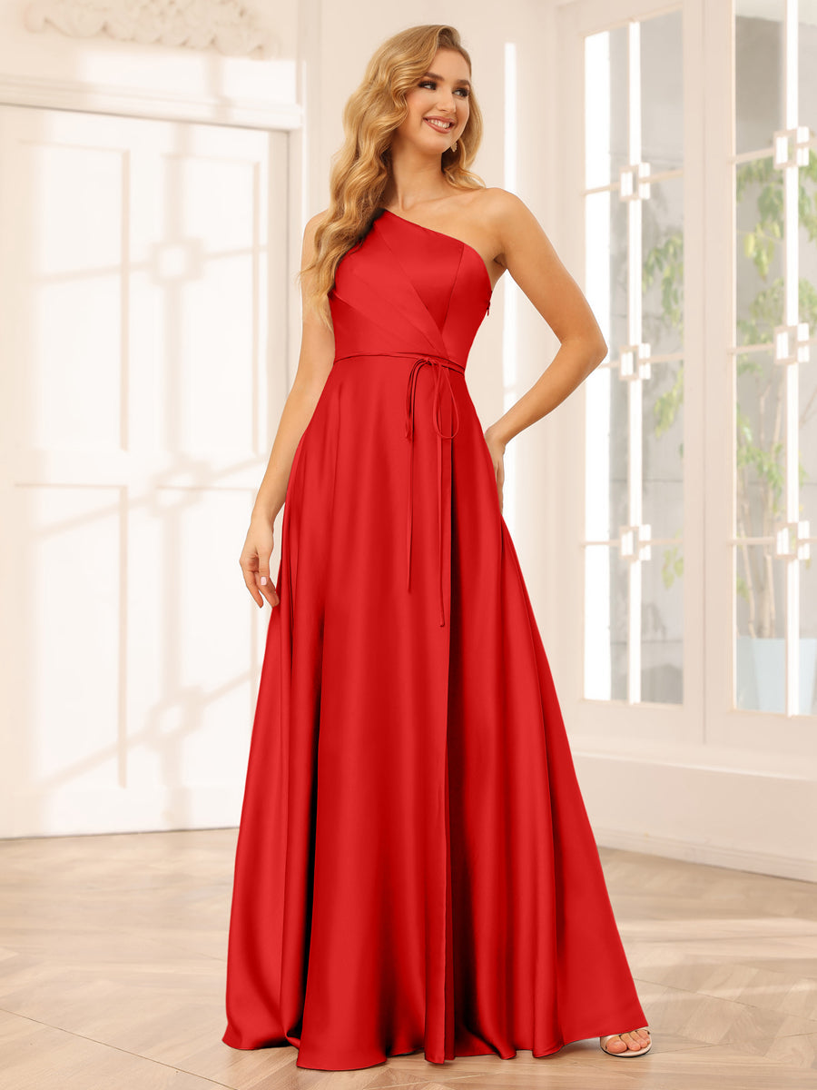 A-Line/Princess One-Shoulder Long Bridesmaid Dresses with Split Side & Sash