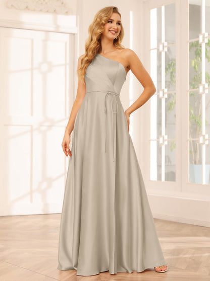 A-Line/Princess One-Shoulder Long Bridesmaid Dresses with Split Side & Sash