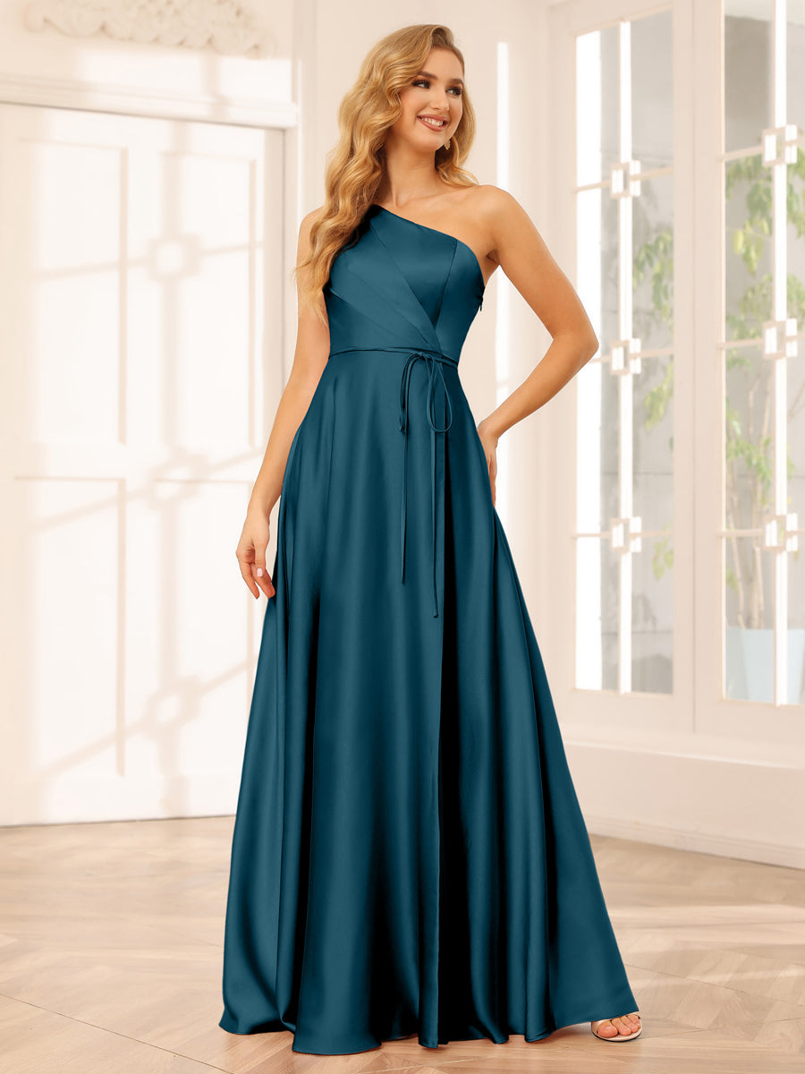 A-Line/Princess One-Shoulder Long Bridesmaid Dresses with Split Side & Sash