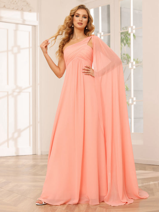 A-Line/Princess One-Shoulder Long Bridesmaid Dresses with Ruched