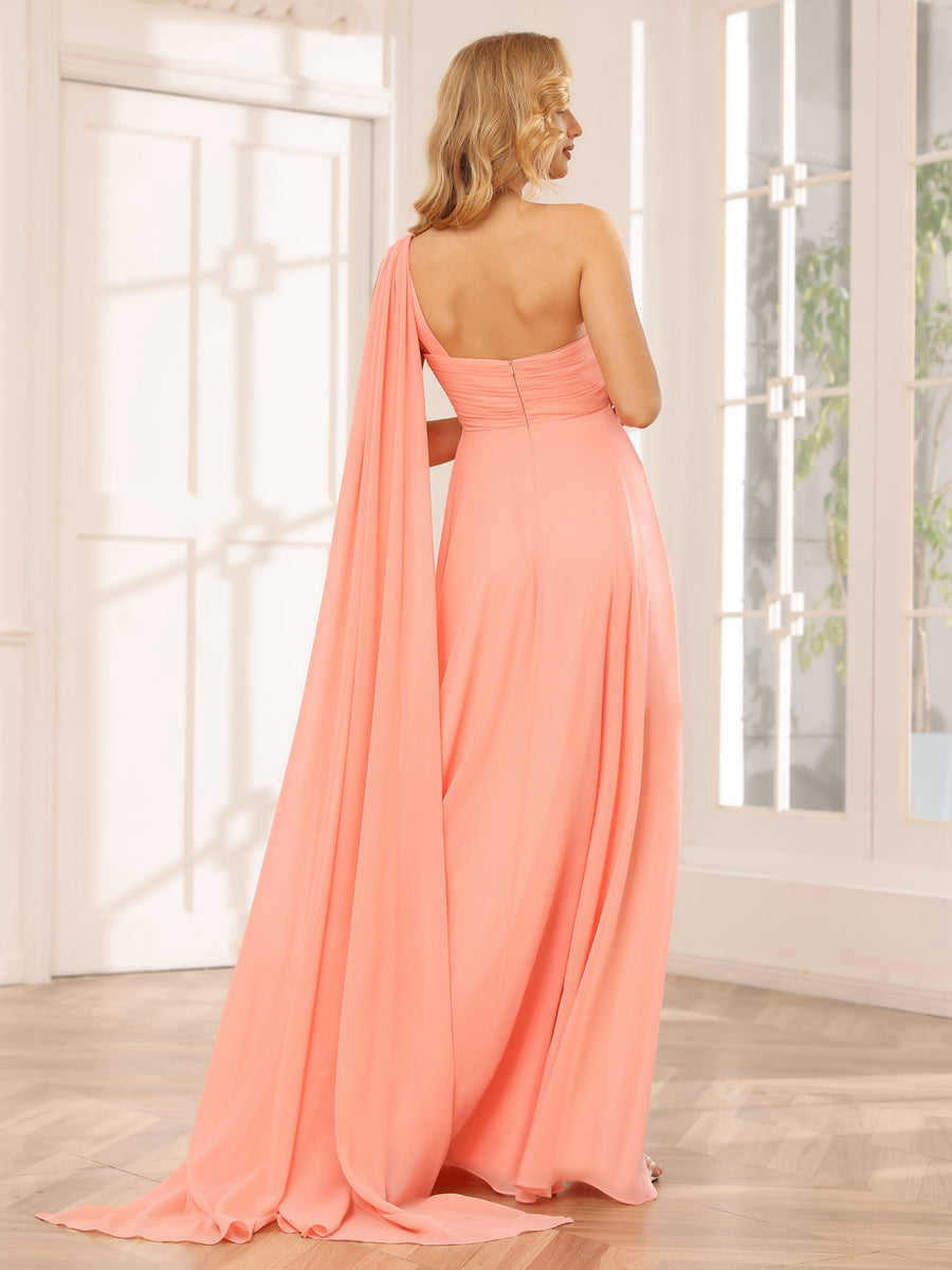 A-Line/Princess One-Shoulder Long Bridesmaid Dresses with Ruched