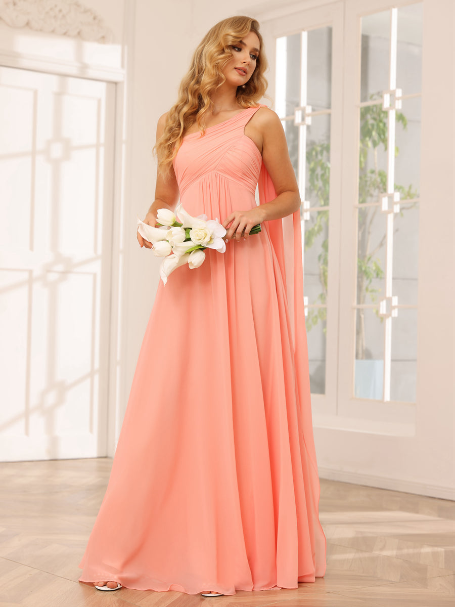 A-Line/Princess One-Shoulder Long Bridesmaid Dresses with Ruched