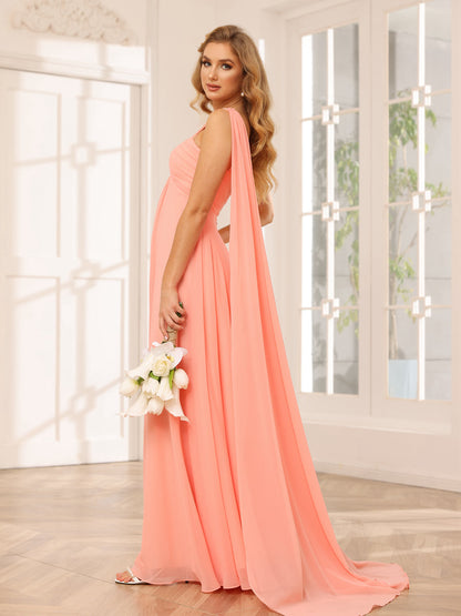 A-Line/Princess One-Shoulder Long Bridesmaid Dresses with Ruched