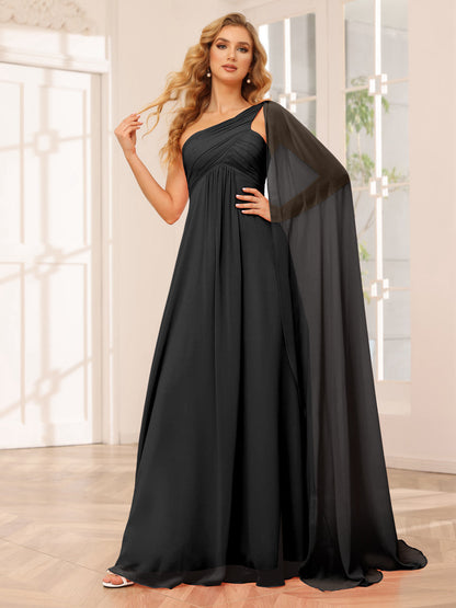 A-Line/Princess One-Shoulder Long Bridesmaid Dresses with Ruched