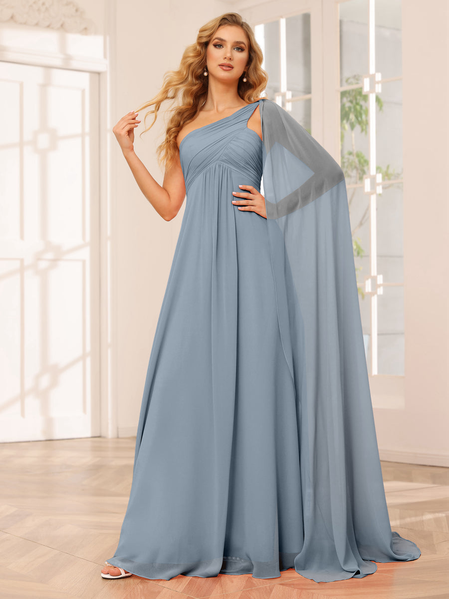 A-Line/Princess One-Shoulder Long Bridesmaid Dresses with Ruched