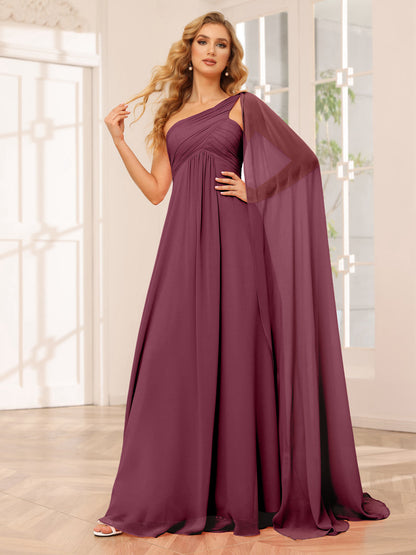 A-Line/Princess One-Shoulder Long Bridesmaid Dresses with Ruched