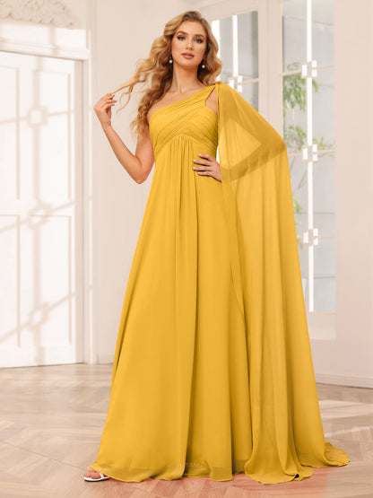 A-Line/Princess One-Shoulder Long Bridesmaid Dresses with Ruched