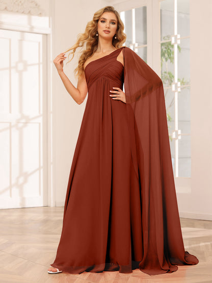 A-Line/Princess One-Shoulder Long Bridesmaid Dresses with Ruched