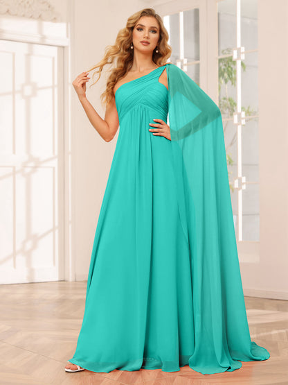 A-Line/Princess One-Shoulder Long Bridesmaid Dresses with Ruched