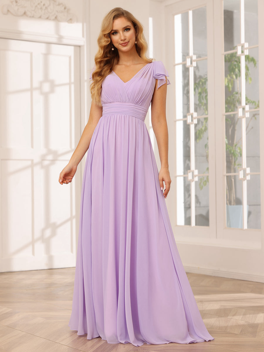 A-Line/Princess V-Neck Long Bridesmaid Dresses with Ruffles