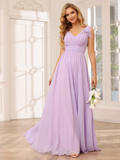 A-Line/Princess V-Neck Long Bridesmaid Dresses with Ruffles