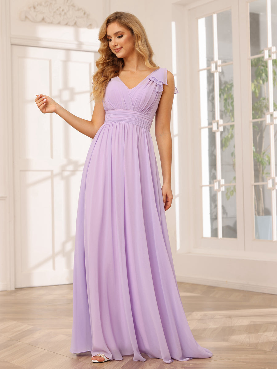 A-Line/Princess V-Neck Long Bridesmaid Dresses with Ruffles