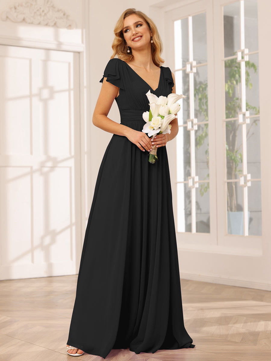 A-Line/Princess V-Neck Long Bridesmaid Dresses with Ruffles