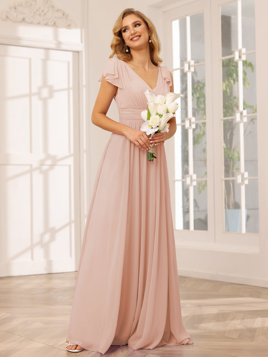 A-Line/Princess V-Neck Long Bridesmaid Dresses with Ruffles