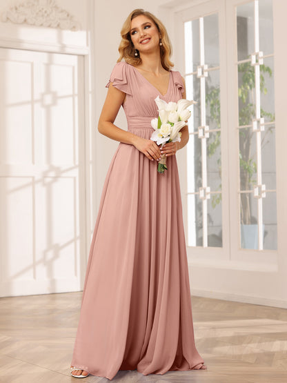 A-Line/Princess V-Neck Long Bridesmaid Dresses with Ruffles