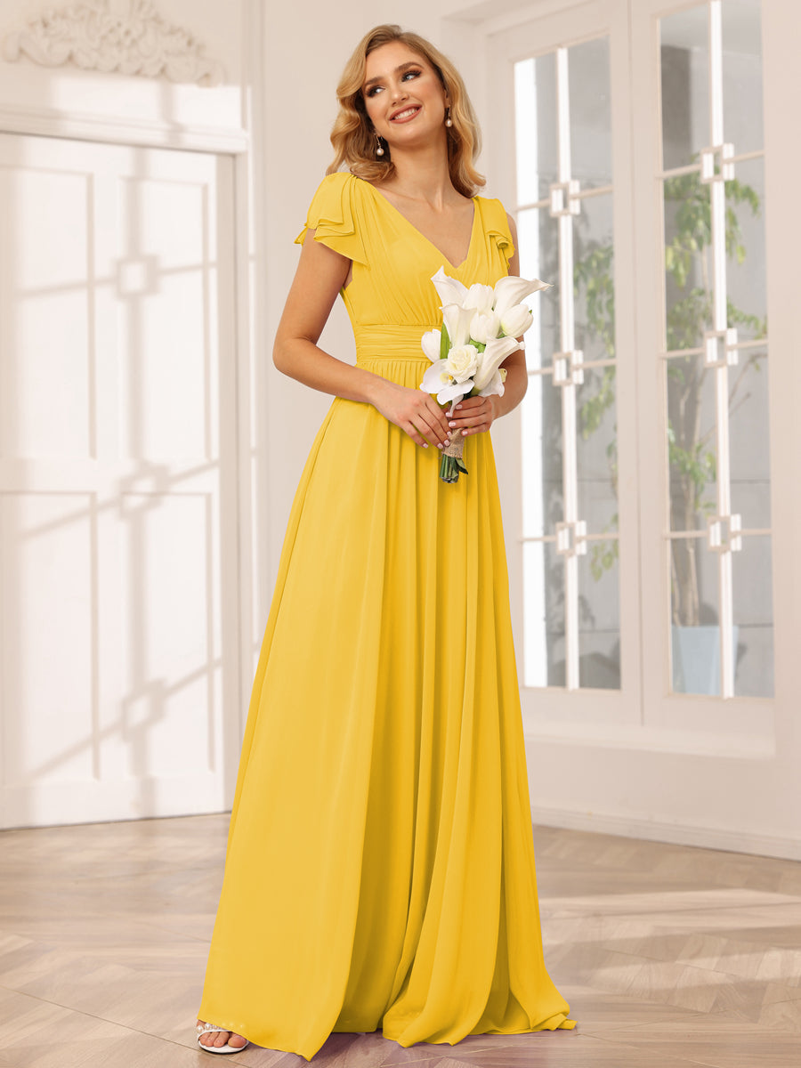 A-Line/Princess V-Neck Long Bridesmaid Dresses with Ruffles