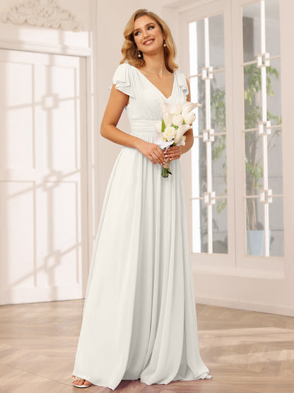 A-Line/Princess V-Neck Long Bridesmaid Dresses with Ruffles