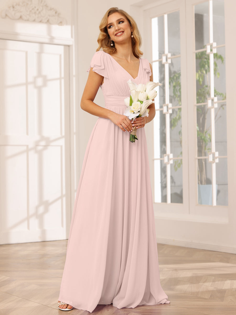 A-Line/Princess V-Neck Long Bridesmaid Dresses with Ruffles