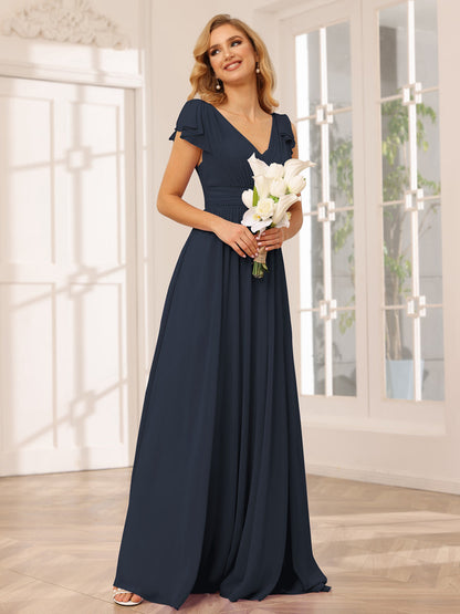 A-Line/Princess V-Neck Long Bridesmaid Dresses with Ruffles