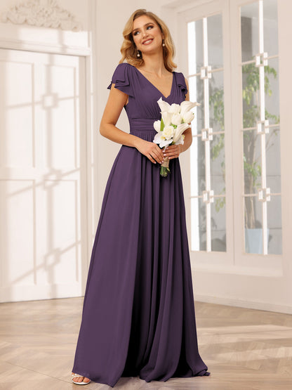 A-Line/Princess V-Neck Long Bridesmaid Dresses with Ruffles