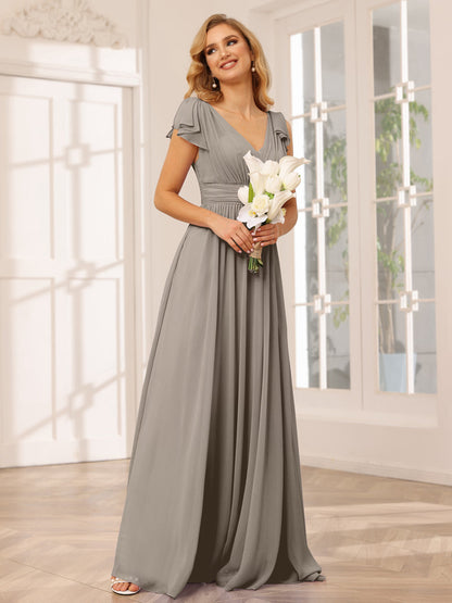 A-Line/Princess V-Neck Long Bridesmaid Dresses with Ruffles