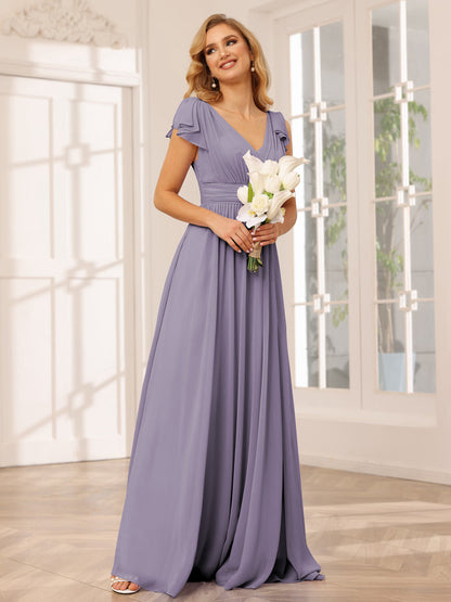 A-Line/Princess V-Neck Long Bridesmaid Dresses with Ruffles