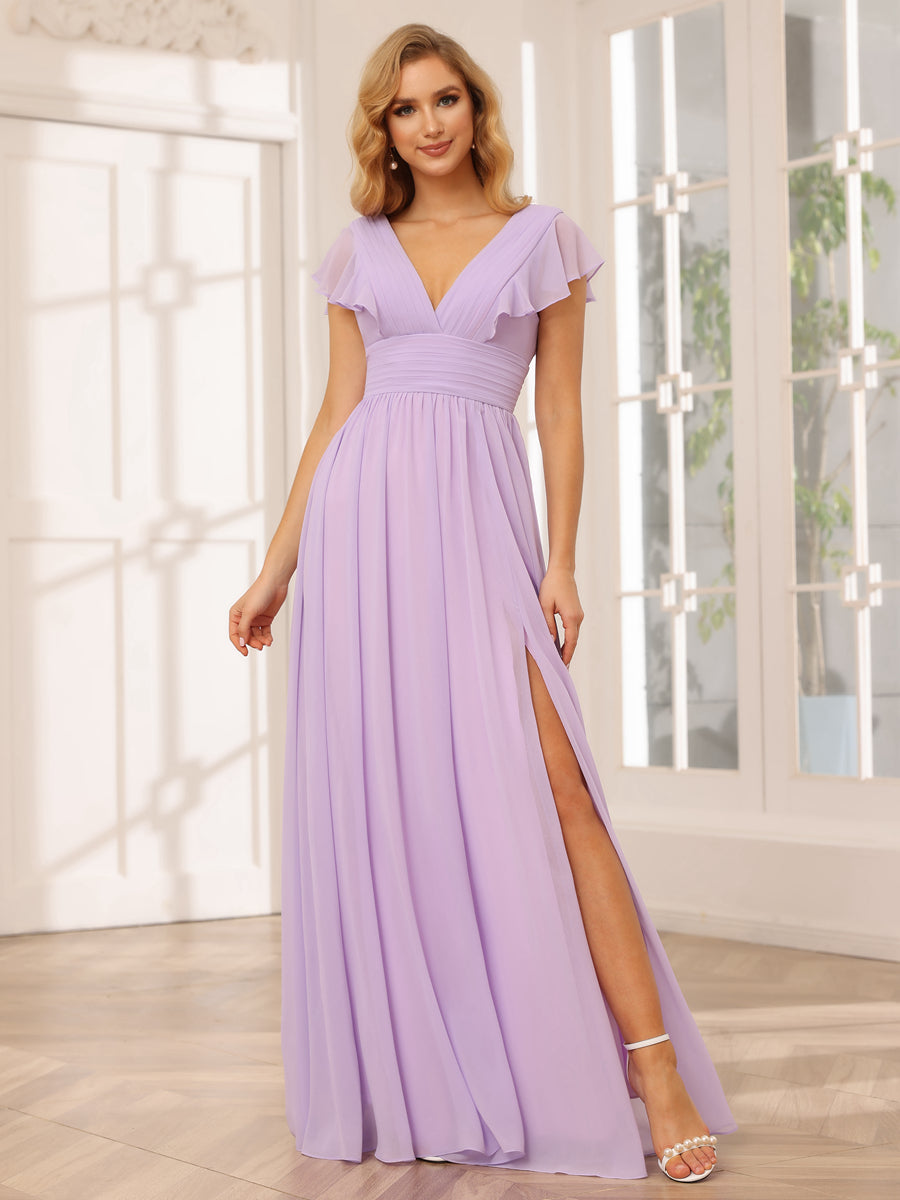 A-Line/Princess V-Neck Long Bridesmaid Dresses with Split Side