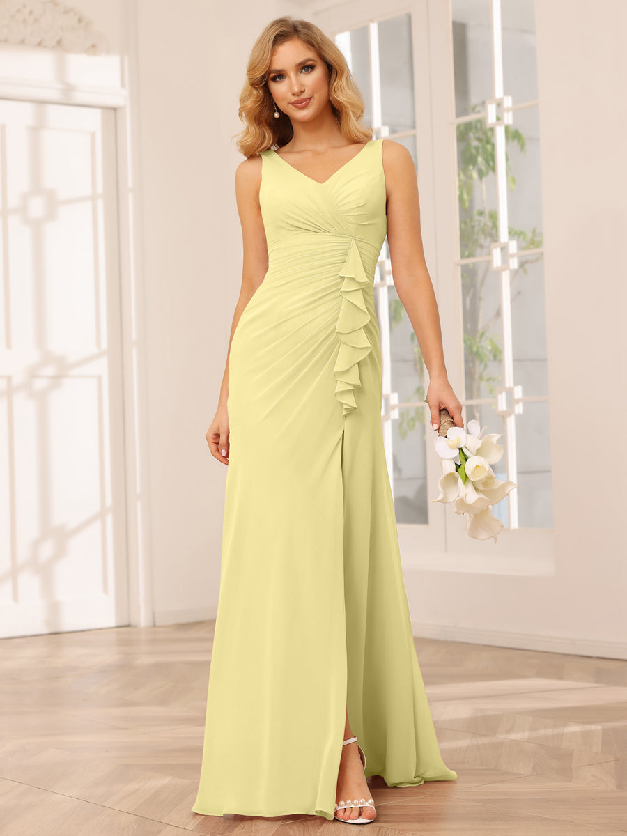 Sheath/Column V-Neck Long Bridesmaid Dresses with Split Side