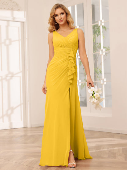 Sheath/Column V-Neck Long Bridesmaid Dresses with Split Side