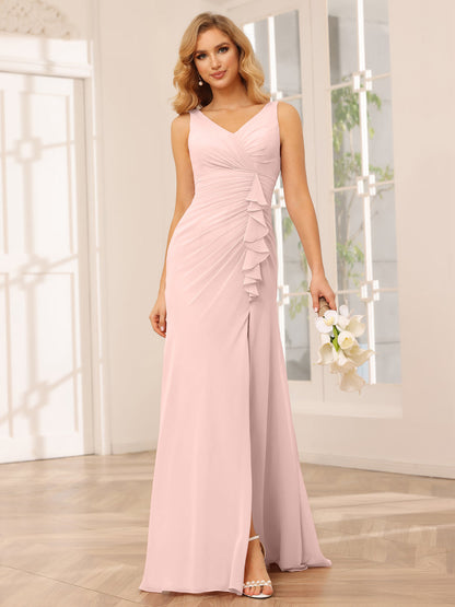 Sheath/Column V-Neck Long Bridesmaid Dresses with Split Side