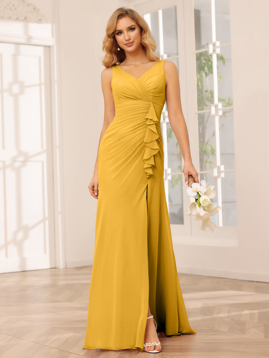 Sheath/Column V-Neck Long Bridesmaid Dresses with Split Side