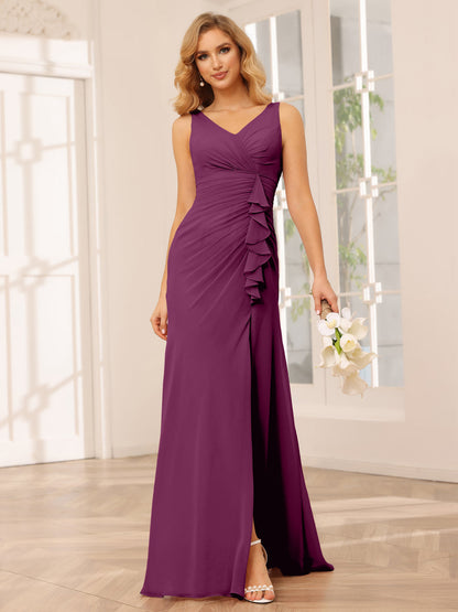 Sheath/Column V-Neck Long Bridesmaid Dresses with Split Side