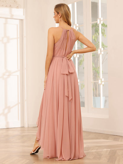 A-Line/Princess Halter Asymmetrical Bridesmaid Dresses with Sash