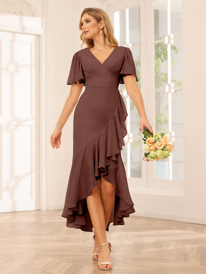 Sheath/Column V-Neck Asymmetrical Bridesmaid Dresses with Ruffles