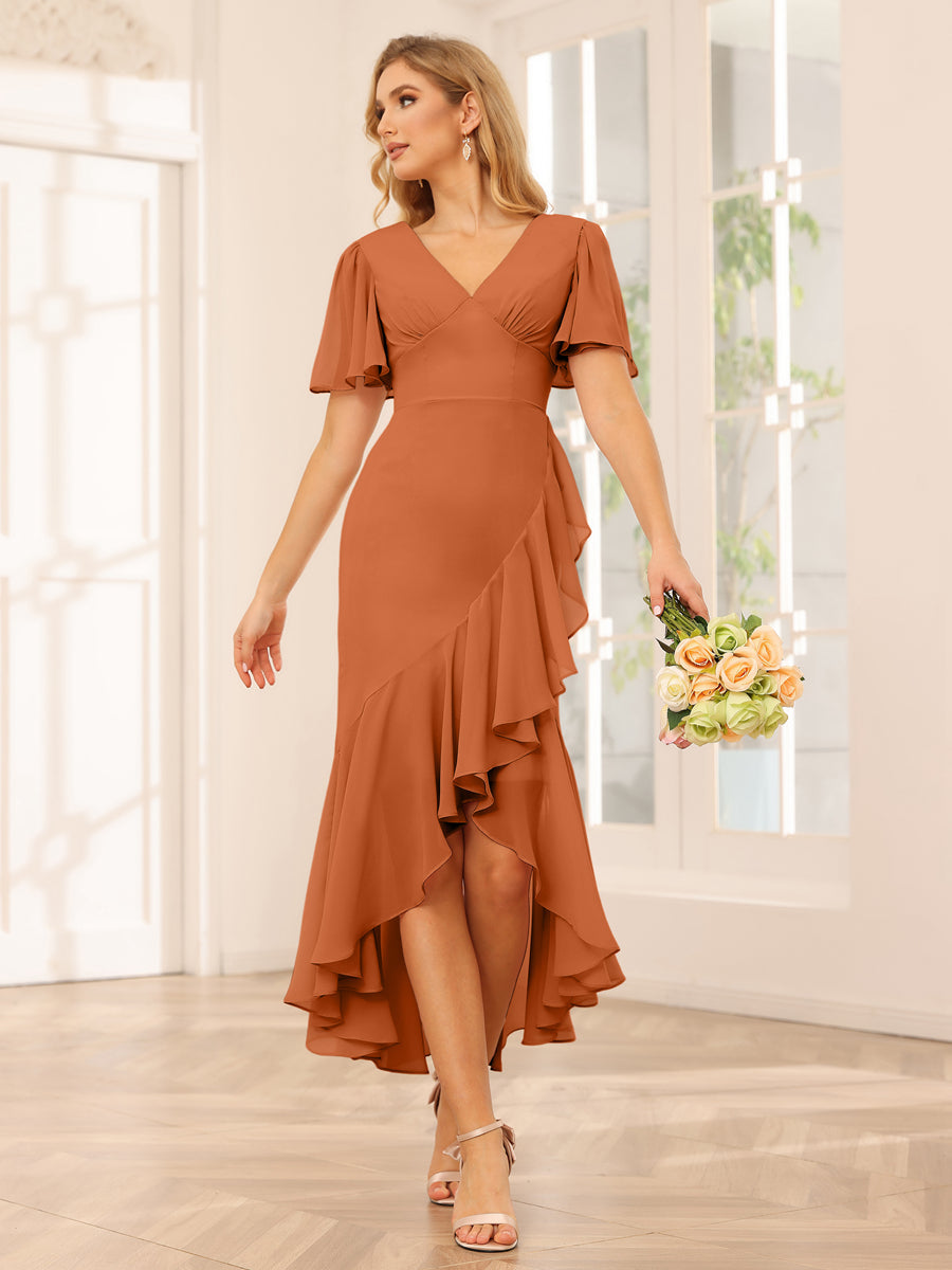 Sheath/Column V-Neck Asymmetrical Bridesmaid Dresses with Ruffles