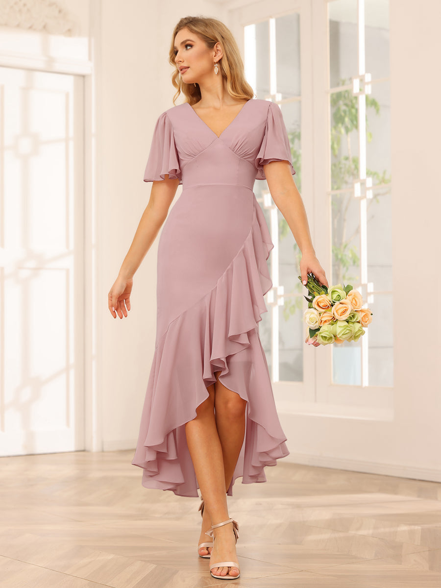 Sheath/Column V-Neck Asymmetrical Bridesmaid Dresses with Ruffles