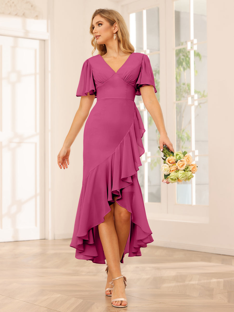 Sheath/Column V-Neck Asymmetrical Bridesmaid Dresses with Ruffles