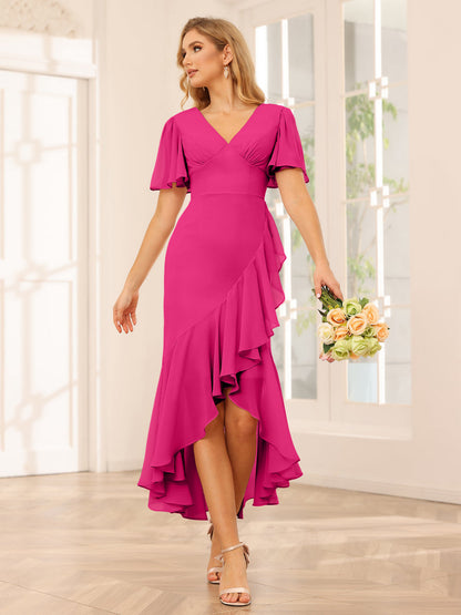 Sheath/Column V-Neck Asymmetrical Bridesmaid Dresses with Ruffles