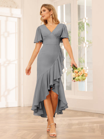 Sheath/Column V-Neck Asymmetrical Bridesmaid Dresses with Ruffles