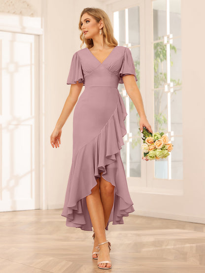 Sheath/Column V-Neck Asymmetrical Bridesmaid Dresses with Ruffles