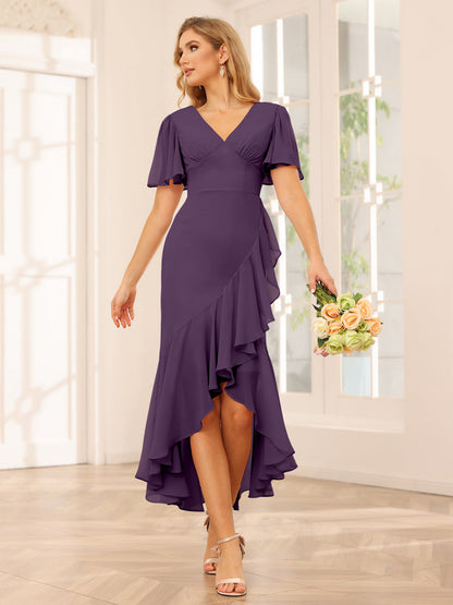 Sheath/Column V-Neck Asymmetrical Bridesmaid Dresses with Ruffles