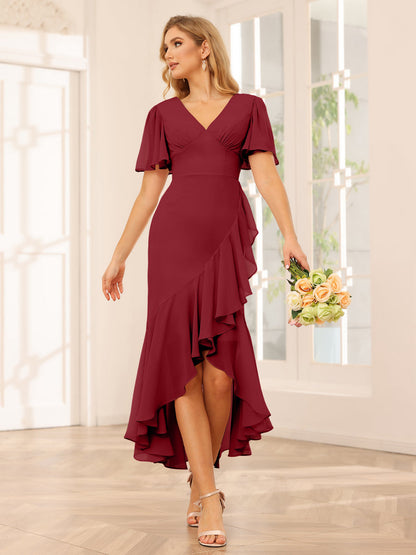 Sheath/Column V-Neck Asymmetrical Bridesmaid Dresses with Ruffles