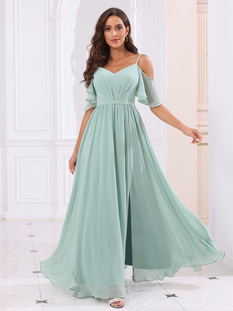 A-Line/Princess Spaghetti Straps Long Bridesmaid Dresses with Split Side