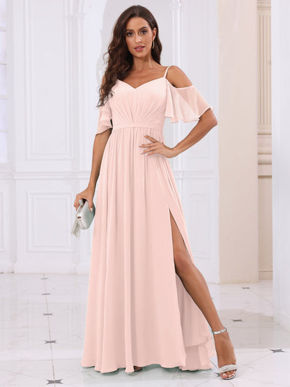 A-Line/Princess Spaghetti Straps Long Bridesmaid Dresses with Split Side