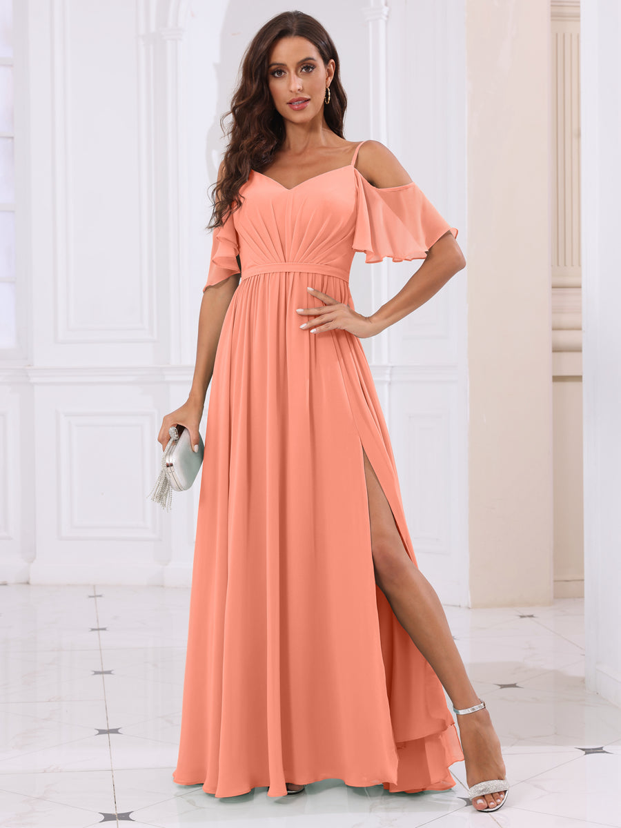 A-Line/Princess Spaghetti Straps Long Bridesmaid Dresses with Split Side