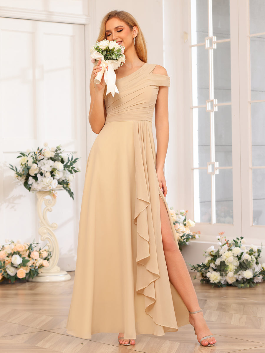 A-Line/Princess One-Shoulder Long Wedding Party Dresses with Split Side